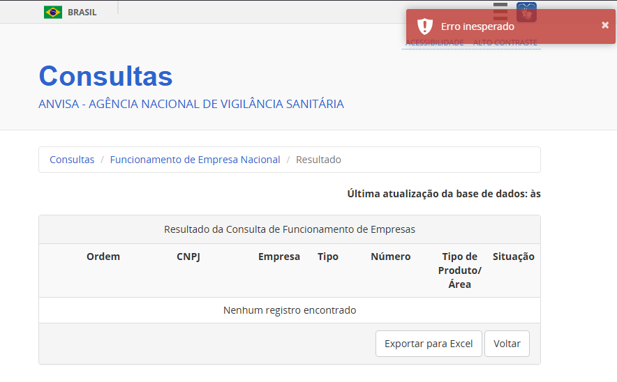 Exemplo do erro recebido no portal de consultas da Anvisa