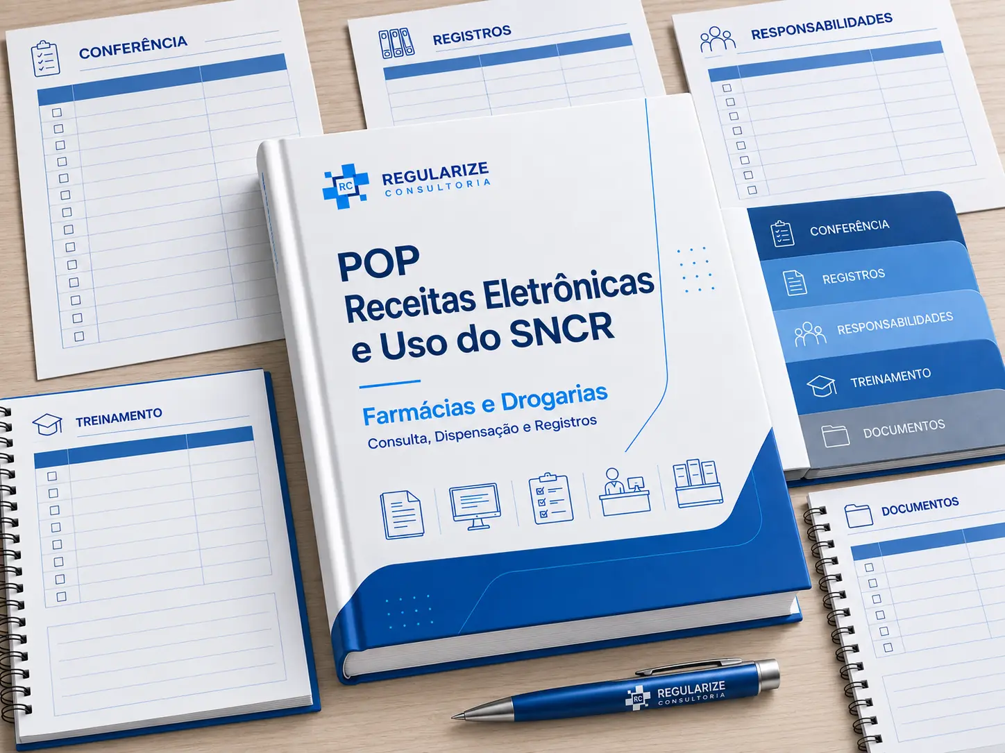 Ilustração do POP SNCR com documentos de apoio à conferência, aos registros e ao treinamento da equipe.